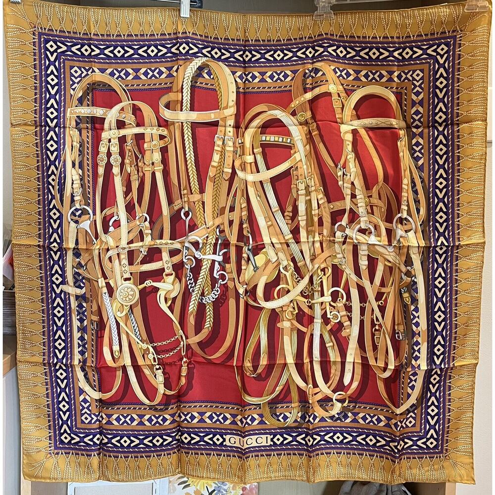 GUCCI Vintage Equestrian 100% Silk Scarf Made In Italy NWT - Picture 1 of 9
